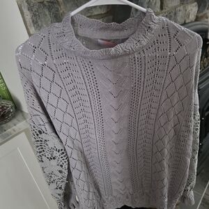 Gray Cable Knit Blouse with Intricate Patterns